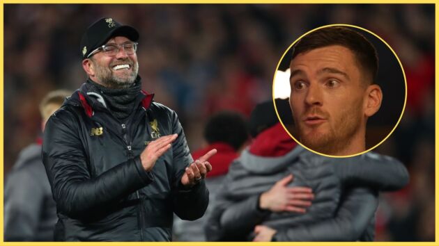 Jurgen Klopp celebrates after Liverpool's win over Barcelona in 2019, with Andy Robertson inset