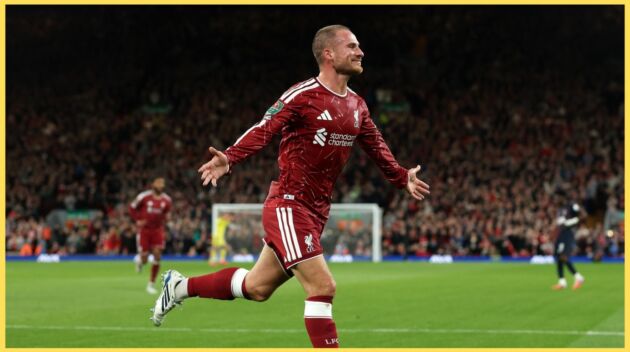 Alexis Mac Allister celebrates scoring against Spurs in the Carabao Cup
